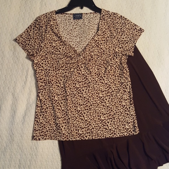 Chaps 2pc leopard print top & brown ruffled skirt - Picture 1 of 5